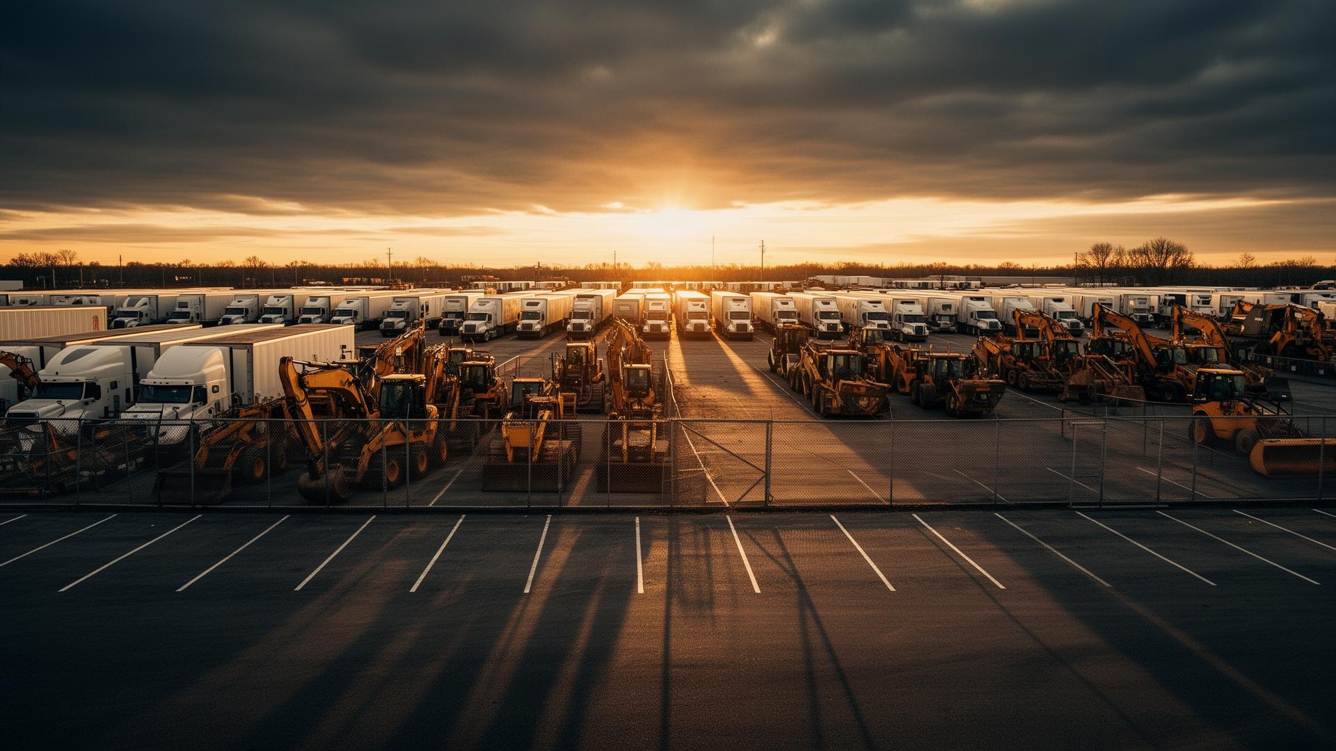 Industrial parking yard with rows of trucks, trailers and heavy equipment at sunset